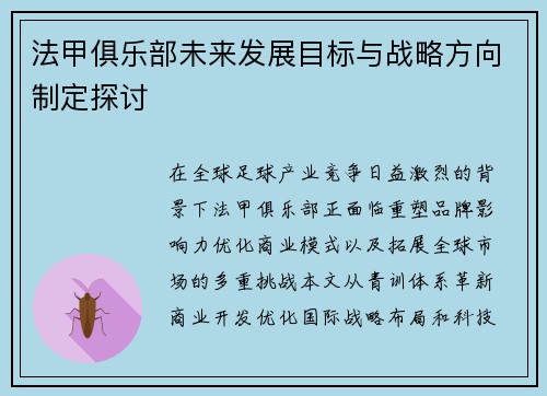 法甲俱乐部未来发展目标与战略方向制定探讨
